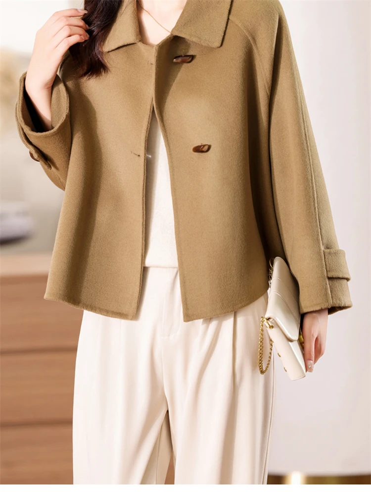 100% Merino Pure Wool Handmade Double-Sided Cloth Chic Coat Women's Short Oxhorn Button Heavy Coat High Street Elegant Top