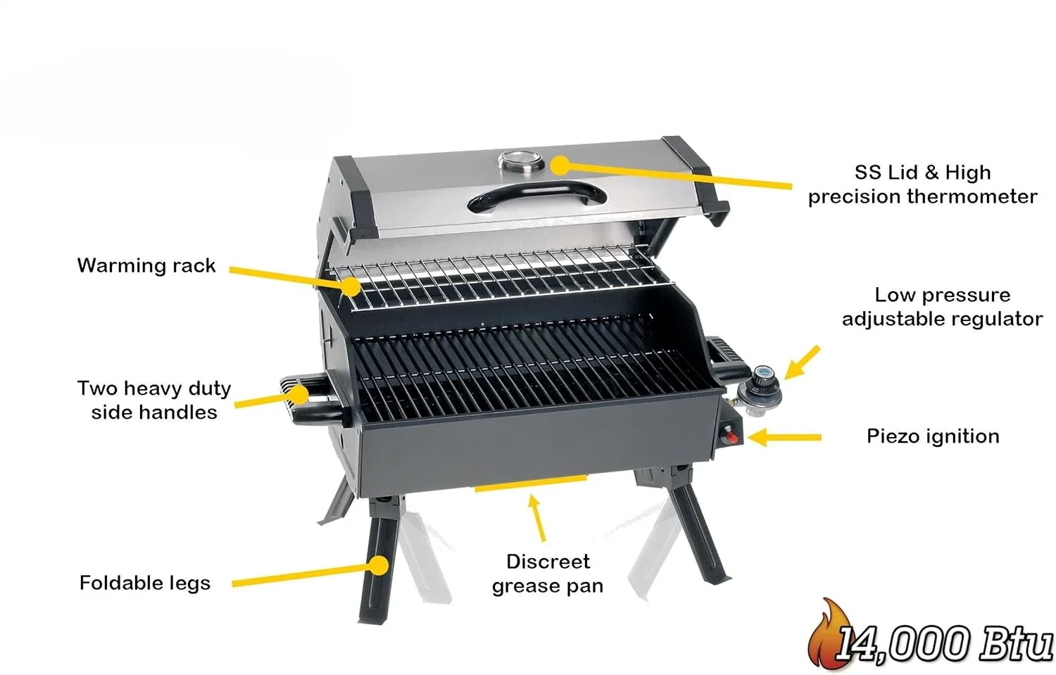 

Propane Bbq Gas Grill 14,000 Btu Porcelain Grid with Support Legs and Grease Pan