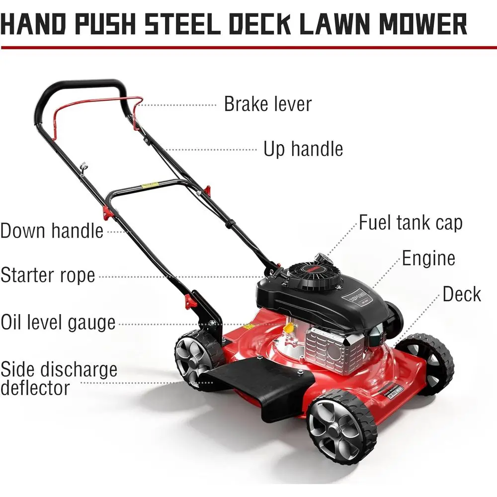 20'' 14c 4-Cycle Engine 3-Position Cutting Height Adjunt 2-in-1 Gas Walk ehind Lawn Mower, lack, Hand Push (lack)