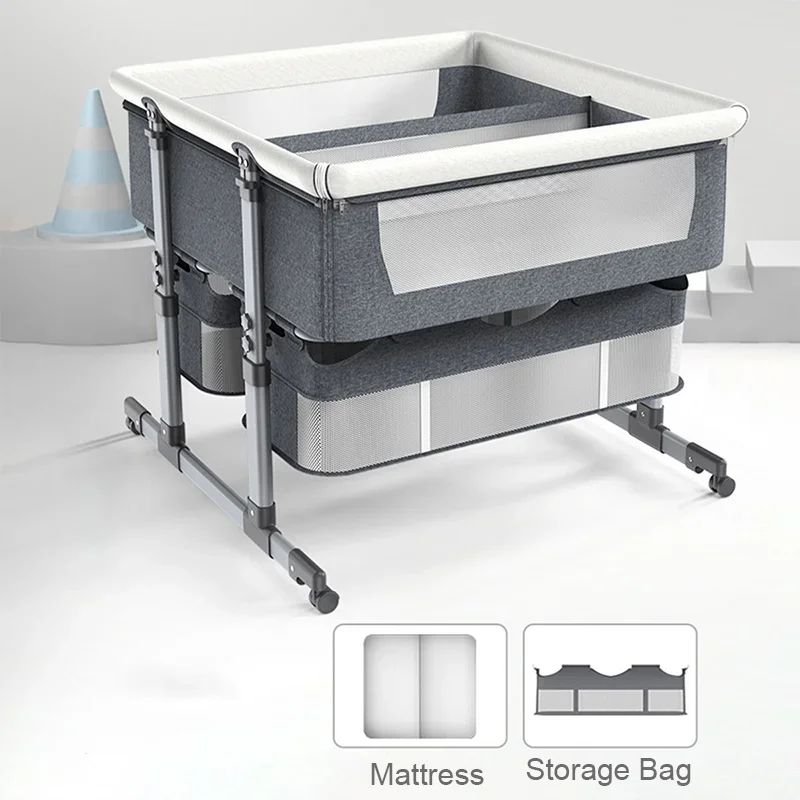 Portable and Easy Foldable Twin Cot Bed, Beside Cribs, Baby Twin Crib, Kids Cribs with Storage Bag, Multifunction Metal