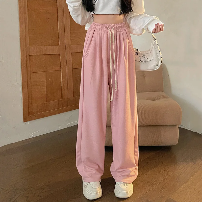 Women Cutecore Pink Casual Sweatpants Lady Wide Leg Concise Sports Style Trousers Female Daily High Waisted Korean Version Pants