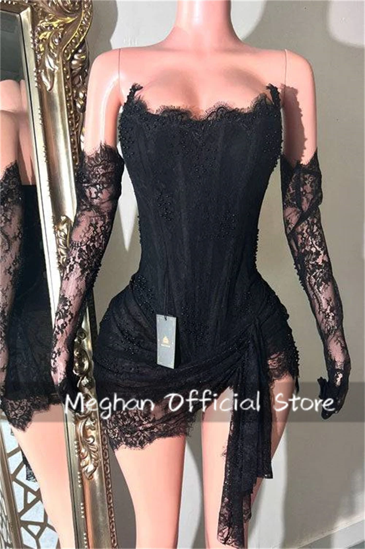 

Black Strapless Short Prom Dresses Black Girl Bead Crystal 2025 Birthday Luxury Dress Lace Mini Cocktail With Gloves Customized