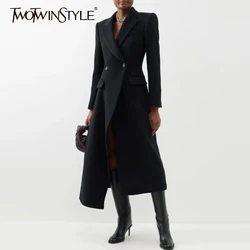 TWOTWINSTYLE Trench minimalista per donna colletto dentellato manica lunga lunga lunghezza minimalista giacca a vento abbigliamento moda femminile nuovo