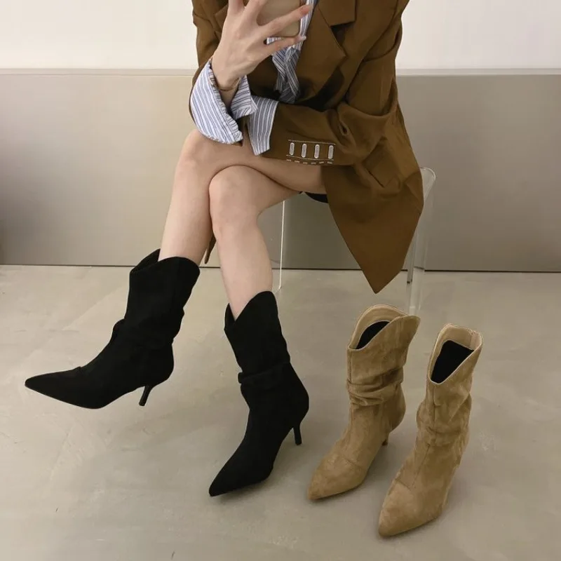 2024 Women\'s Black Pleated Pointed Toe Stiletto Kitten High Heels Pull On Suede Under Calf Stacked Boots For Fall Winter Shoes