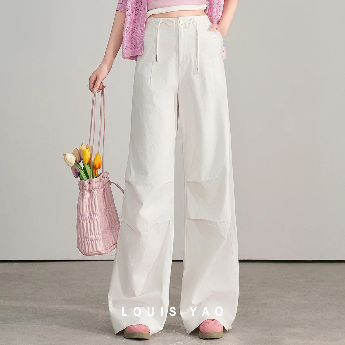 

LOUIS YAO Cotton Casual Women's Pants 2026 Spring/Autumn Women's Stylish Drawstring Waist Pleated Front Long Trousers