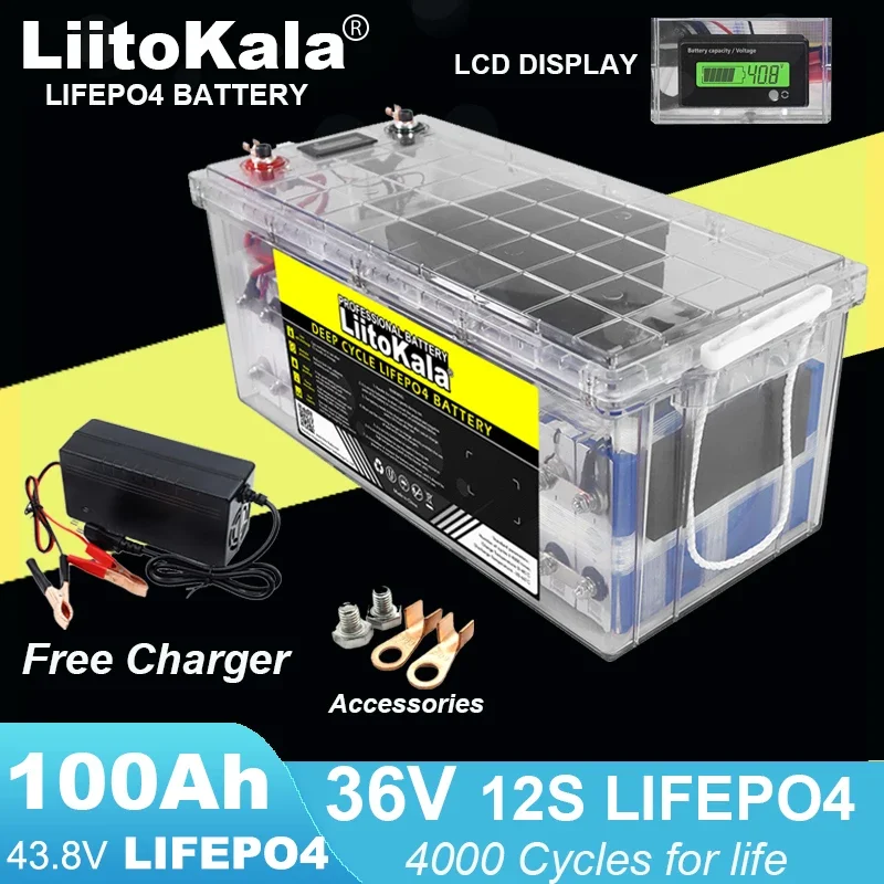 

LiitoKala 36V 100Ah 12s LiFePO4 Battery Lithium Iron Phosphate 4000Cycles RV Alternator Solar Energy Camping Off-Road Tax Free