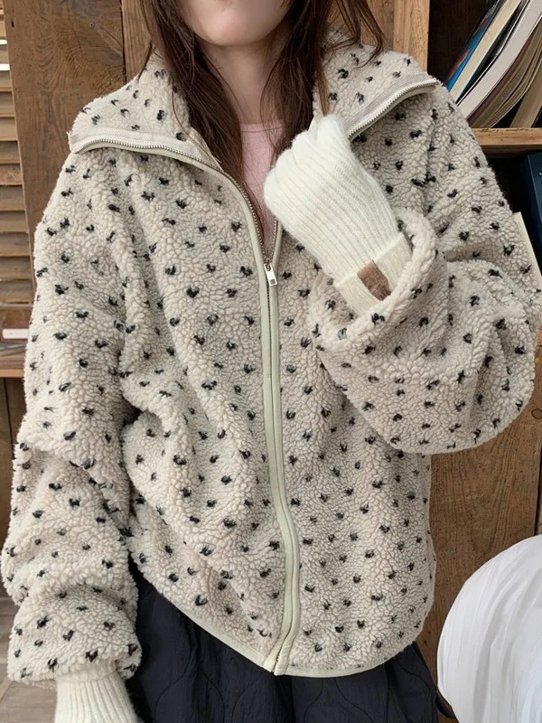 

Korean Sle ort Padded Jaet Women's Stand Collar Zipper Cardigan Furry Outerwear Heart Pattern Winter New Arrival