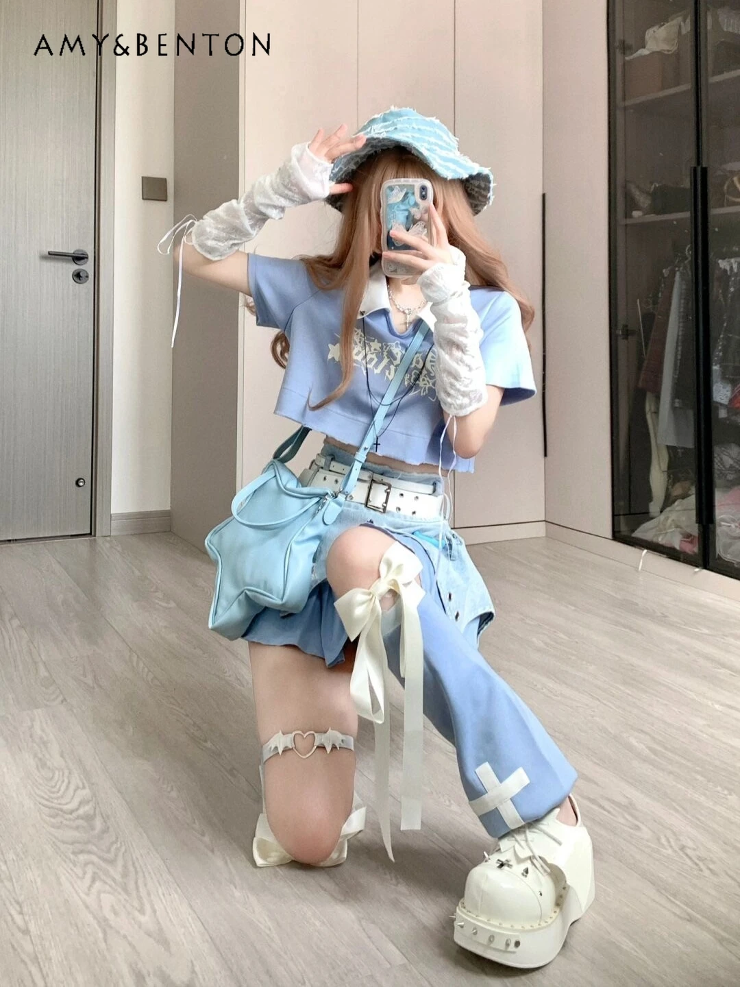 Hot Girl Sexy Dopamine Girl Skirt Sets Women Summer Short Tops High Waist Denim Skirt Leg Warmer Kawaii Three Piece Set Women