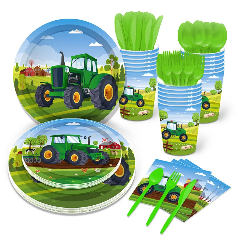 Farm Birthday Decoration Green Tractor Disposable Tableware Plate Cup Tablecloth Baby Shower Excavator Kids Boys Party Supplies