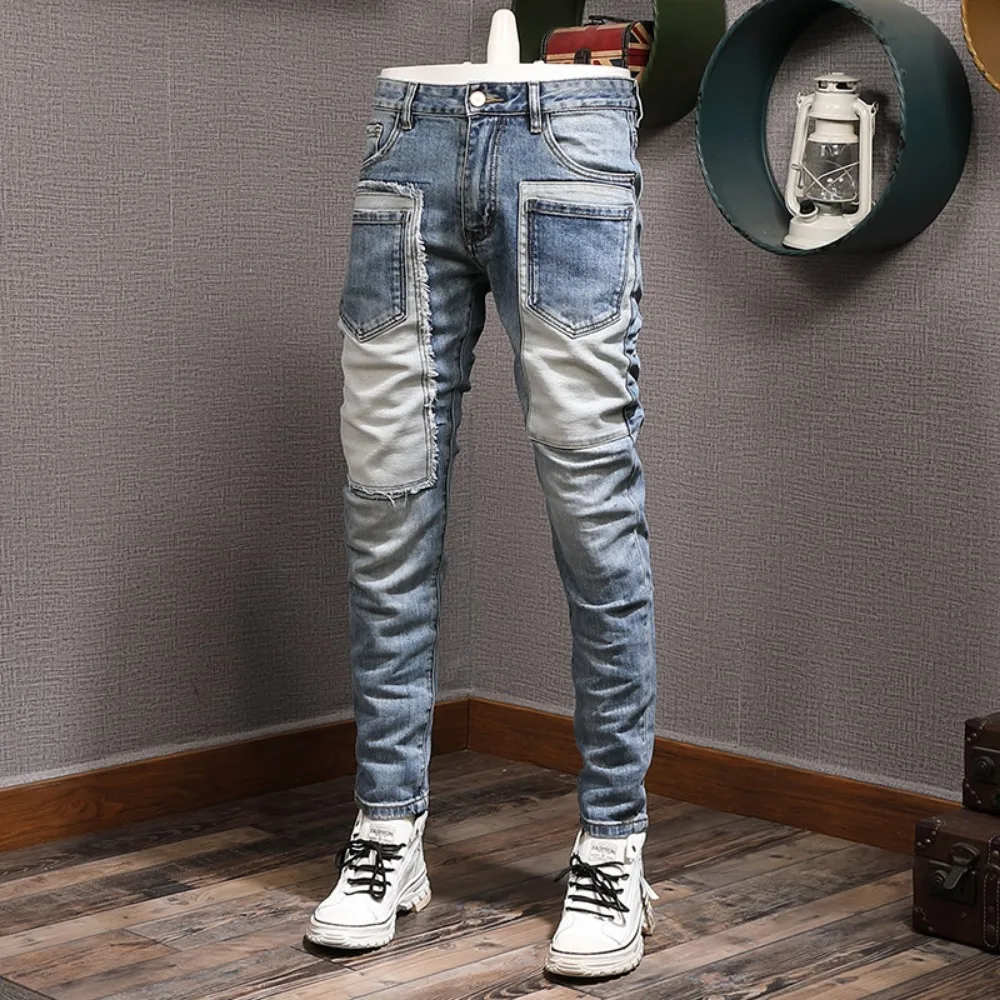 2024 Autumn Winter New Men's Retro Spliced Jeans Fashion Personalized Elastic Casual Pants  y2k Clothes Pants Men Baggy Jeans