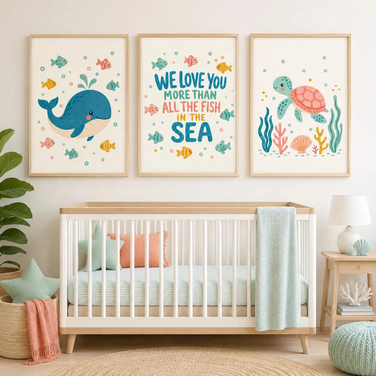 Coastal Nursery Wall Art Set Whale Turtle Fish Prints Under The Sea Decor Canvas Poster Prints Home Bedroom Living Room Decor