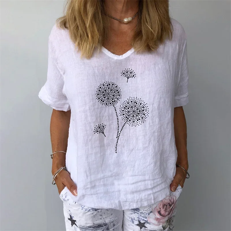 Women Dandelion Print V Neck Pullover Shirt Summer Daily Casual Loose Cotton Linen Blouse Female Simple Style Short Sleeve Tops