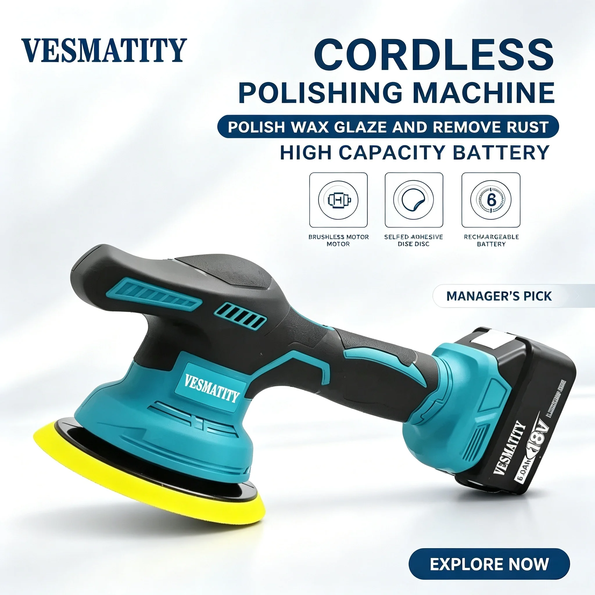 Electric Car Polisher VESMATITY Cordless Adjustable Speed Auto Waxing Sealing Glaze Tool Rechargeable for 18V-20V Battery