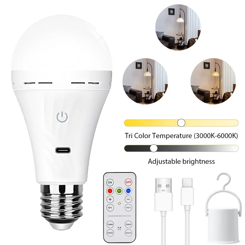 

Перезаряжаемая светодиодная лампа с дистанционным управлением, регулируемой яркостью, лампочка E26, подходит для наружного, кемпинга и аварийного освещения