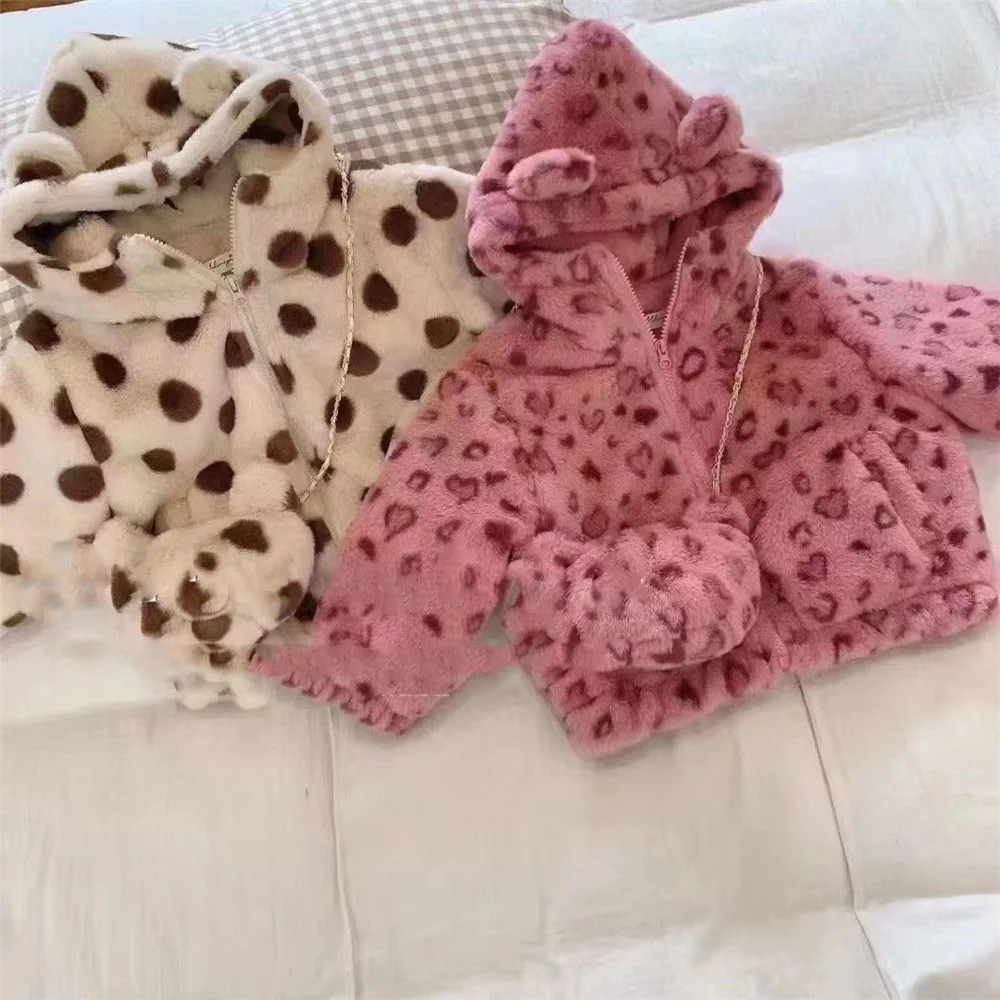 Winter Children\'s Coat Hooded Autumn Korean Kids Clothing Pink Leopard Print And Coffee Dot Coat For Boys And Girls Cardigan