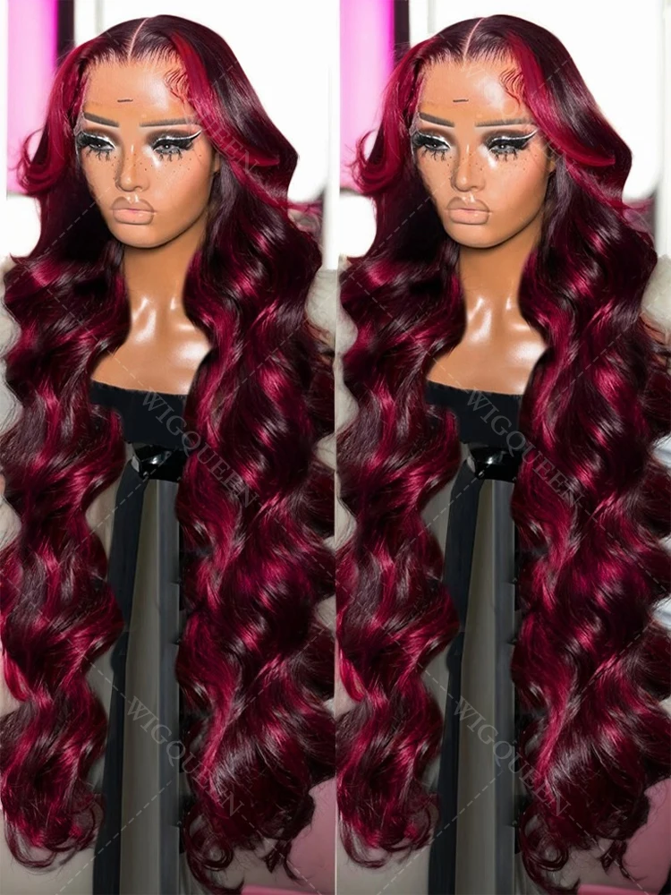 

1B/99J Red Highlight Body Wave Wigs Ready to Wear 5x5 Lace Frontal Human Hair Glueless Wigs Burgundy with Black Colored Wigs
