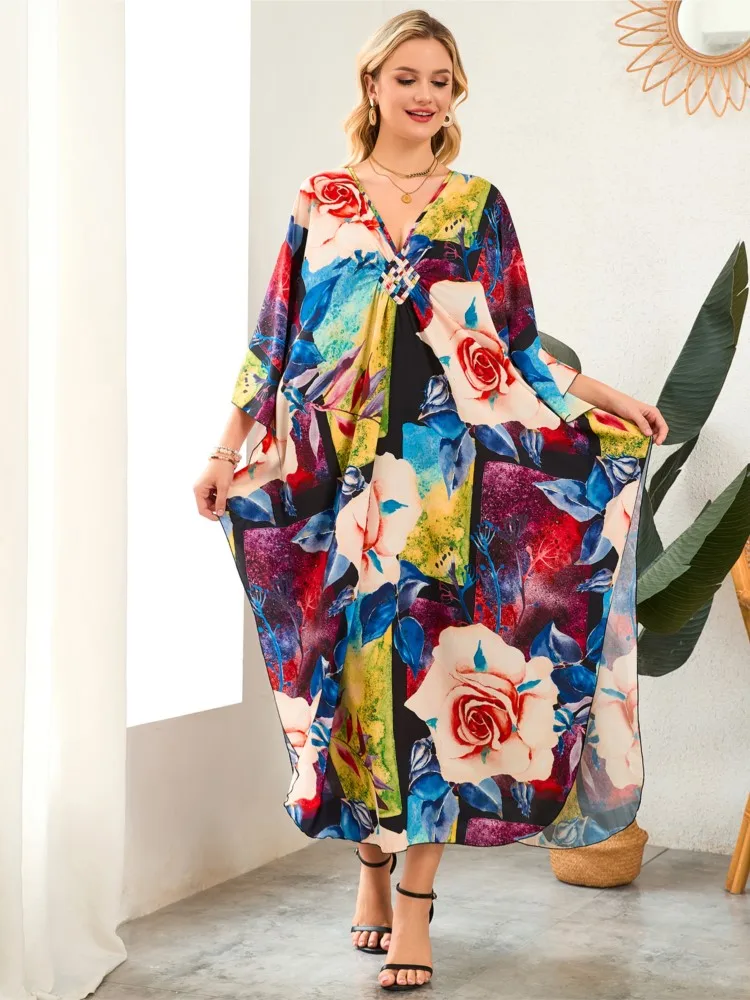 

Новое модное африканское платье-кафтан макси из твила с принтом в стиле бохо, популярное в 2026 году, летнее пляжное богемное длинное платье с рукавами «летучая мышь» для женщин