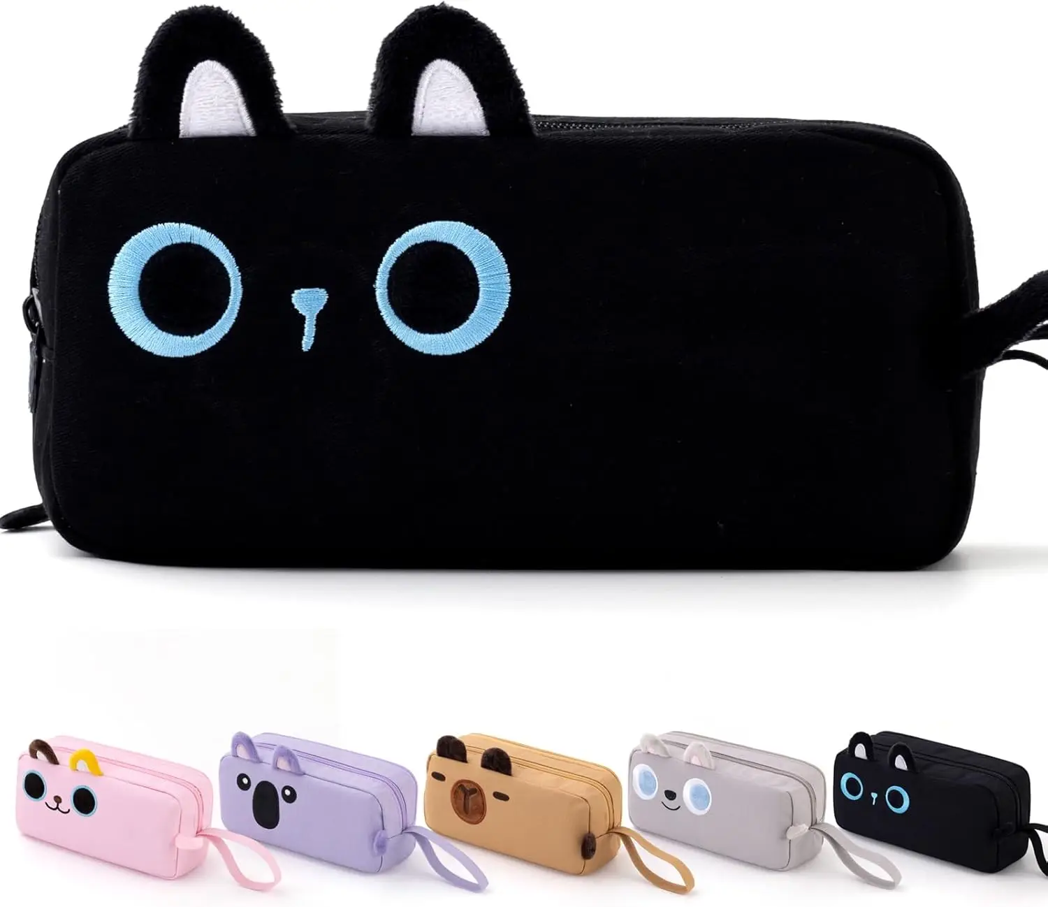 

Large Capacity Pencil Case with Embroidered Animal Design, School Supplies for Kids Teens Students (Black Cat)