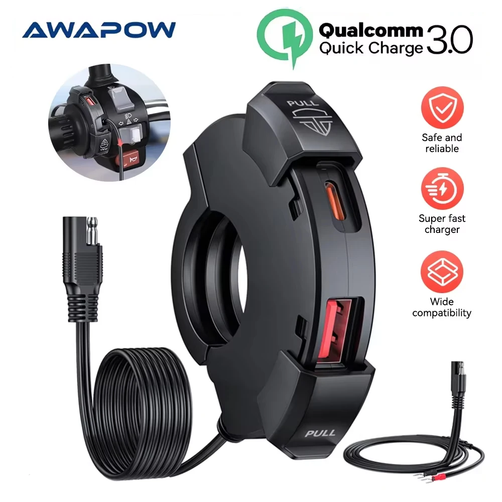 Awapow Новое мотоциклетное USB-зарядное устройство 48 Вт QC3.0 PD Адаптер питания Универсальный водонепроницаемый кронштейн для крепления на руль Зарядное устройство для камеры и телефона