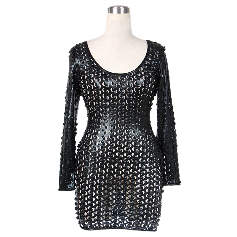 Gothic Vinyl Leather Dress Fashion Women Faux Leather Full Holes Long Sleeve Bodycon Dress Sexy Party Nightclub Pole Dance Dress