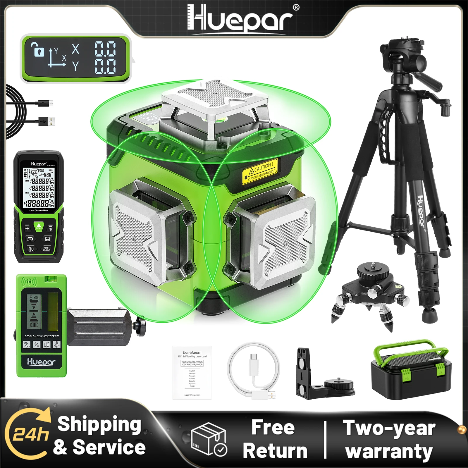 Huepar Y03CG 3D-Kreuzlinienlaser in Grün mit LCD-Display, 12 Linien Horizontal und Vertikal, Selbstnivellierender Laser mit Koffer
