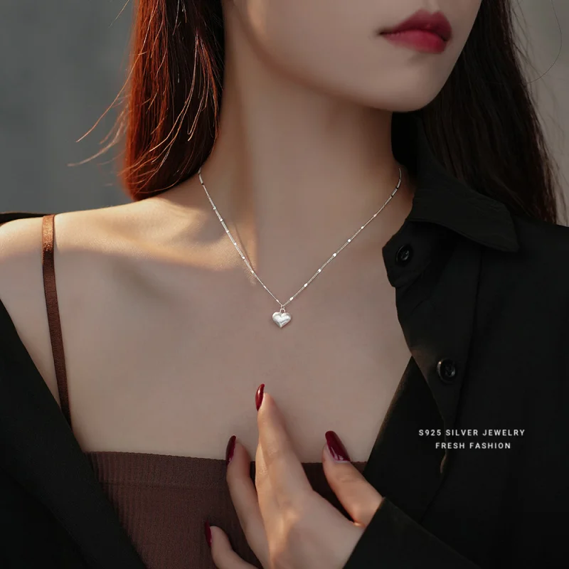 s925Sterling Silver Brushed Love Necklace Pendant for Women Light Luxury Minority Simple High-Grade Heart-Shaped All-Match Clavi