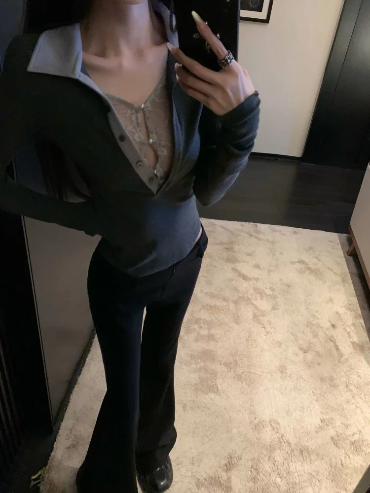 

Кружевной лоскутный простой топ с v-образным вырезом Y2k, осенняя женская одежда из двух предметов, корейские футболки с графическим рисунком Ropa De Mujer Футболки