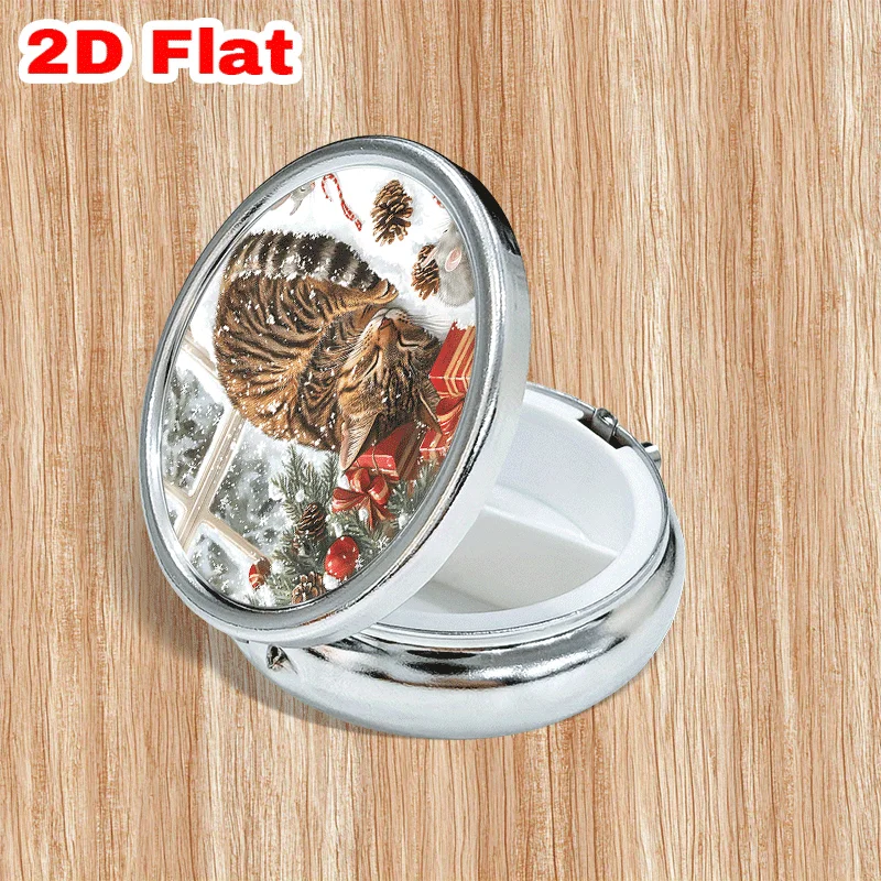 A Single Portable Round Metal Pill Box with Three Compartments Features a Charming Winter Scene: a Sleeping Cat Surrounded by Various Holiday Decorations, Perfect for Storing Medication or Holiday Supplies.