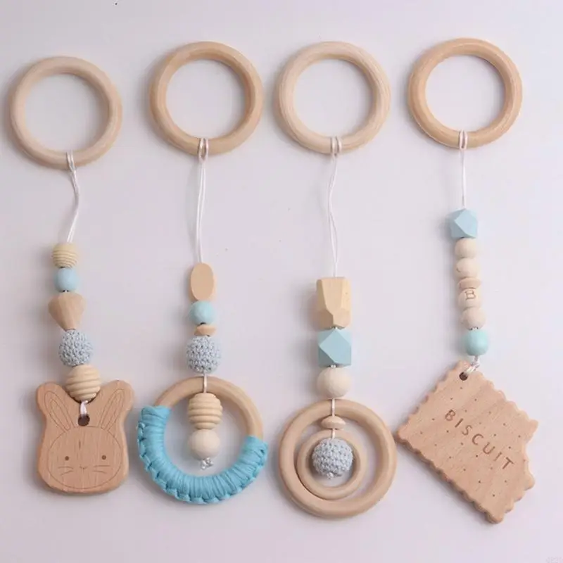 Q22D 4 Pcs Baby Gym Frame Pendants Stroller Rattle Wooden Ring Beads Teether Hanging Mobile Bed Infants Newborn Nursing