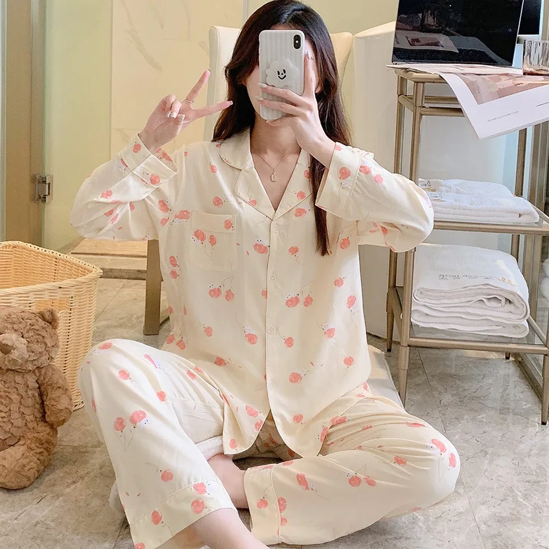 

Korean Sweet Girls' Home Clothes Thin Cardigan Lapel 100% Viscose Leisure Breathable 2023 New Pajama Suit Wearable For Other