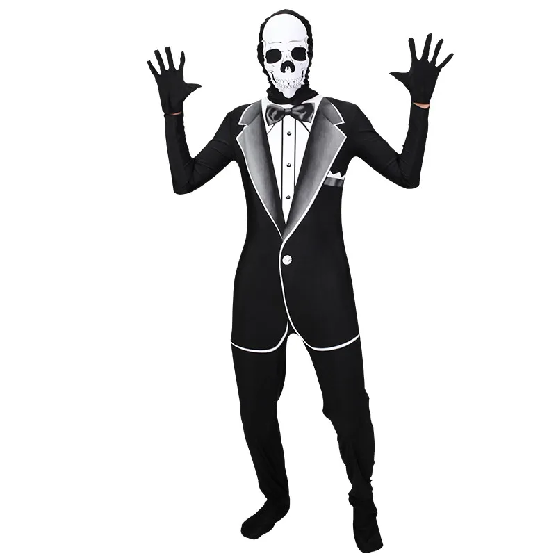 Black Horrible Ghost Skull Clothing Invisible Man Jumpsuit Costume Halloween Carnival Party Gentleman For Men