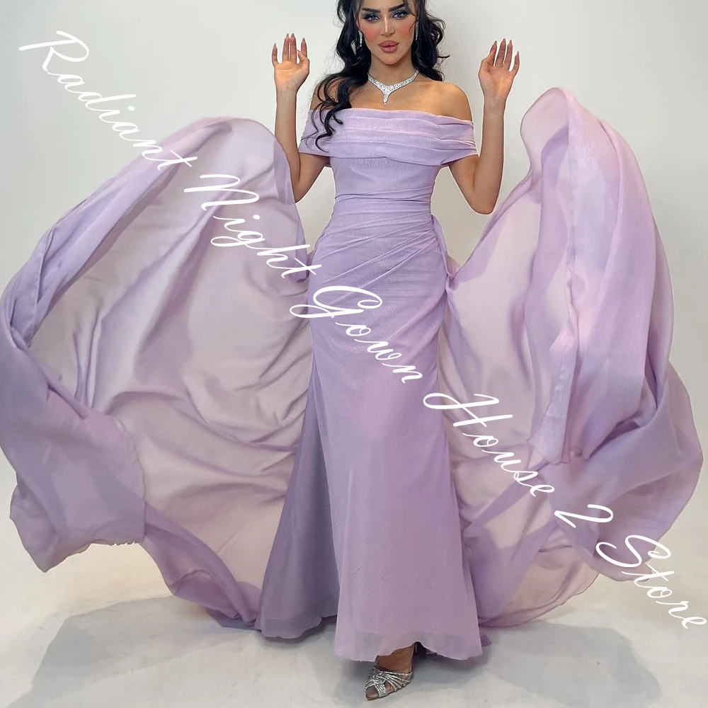 Customized  Chiffon Straight Off the Shoulder Evening Dress Strapless Short Sleeves Floor Length Panel Train Solid Colo