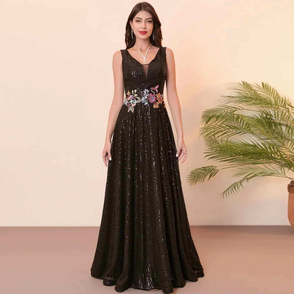 

DSP Elegant A Line V-Neck Sequins Prom Dresses Long Party Maxi Dress Woman Robe De Soiree