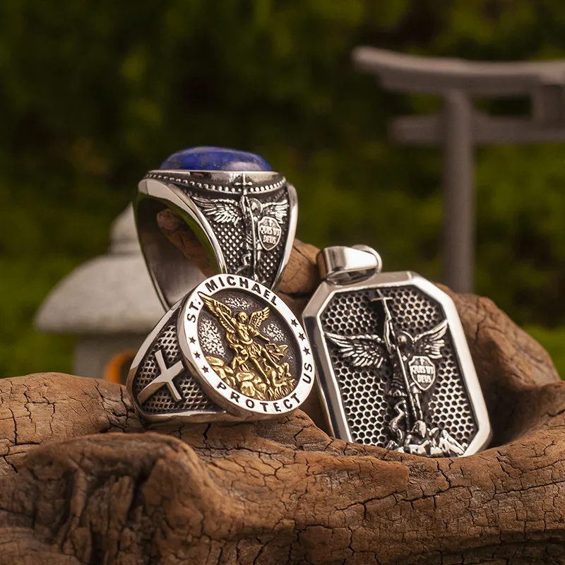 Retro Guardian Angel Signet Ring for Men Women Titanium Steel Engraved Band Large Size Unisex Gothic Rock Jewelry Couple Gift