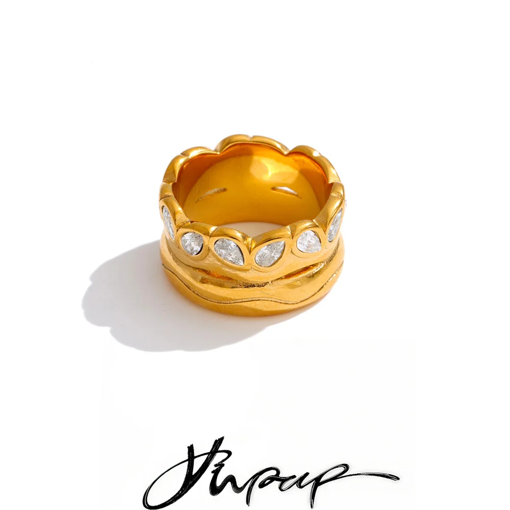 

Yhpup Size 678 Stainless Steel Zirconia Wide Casting Ring 18K Gold Color PVD Plated High Quality Popular Finger Jewelry