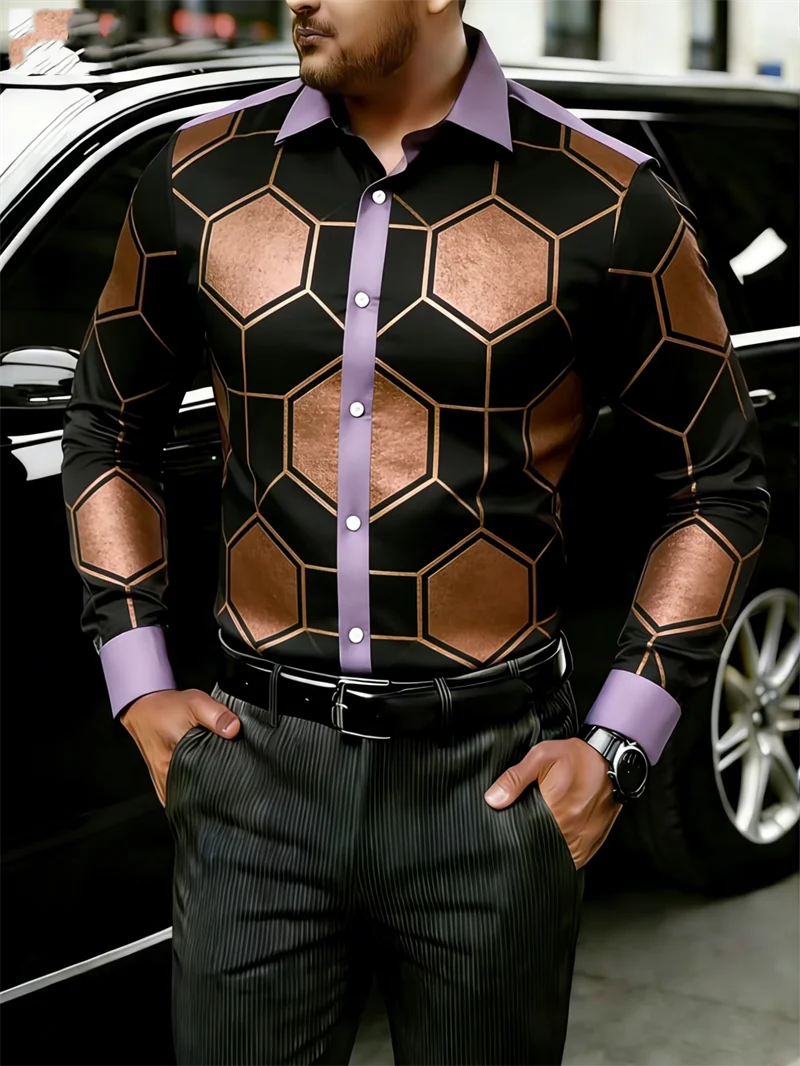 New 11 color men's long sleeved shirt with gold 3D printing, fashionable color block pattern, luxurious shirt style