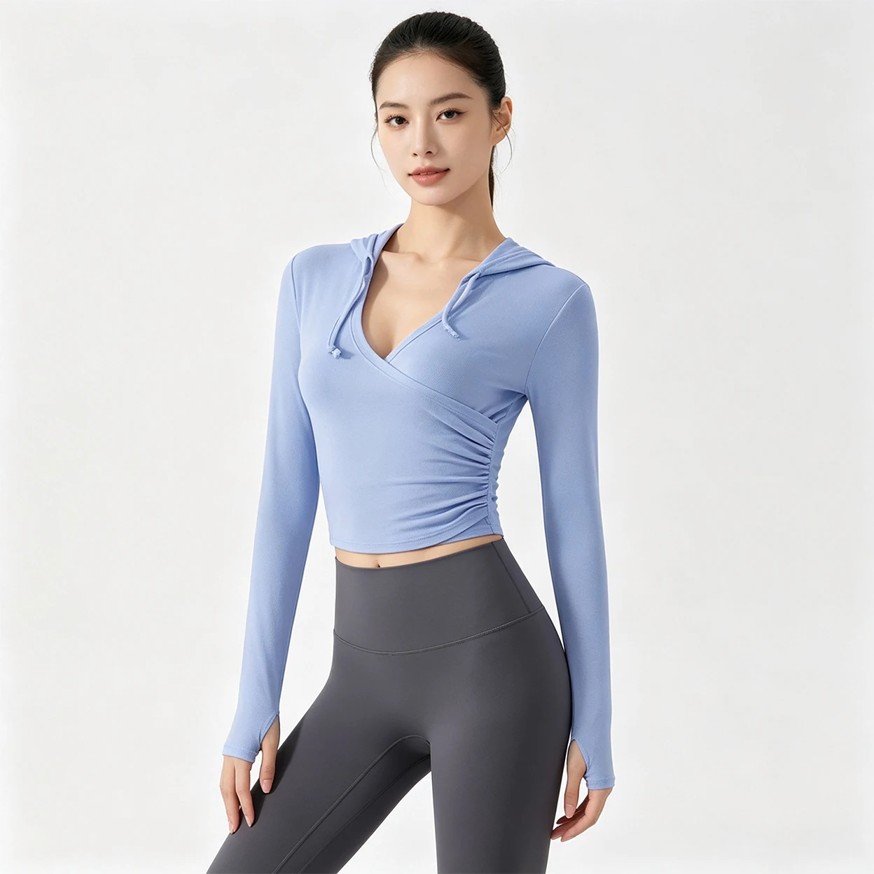 Damen Slim Fit Yoga-Shirt mit Kapuze, V-Ausschnitt, Langarm-Oberteil für Outdoor-Fitness, Laufen, Yoga, Sportbekleidung, Schlankmachende Trainings-Oberteile – Detail 5