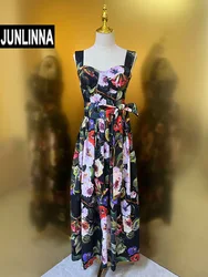 JUNLINNA Fashion Flower Printing Dress Summer Women 100% Cotton Spaghetti strap Party Vacation sliming Long Vestidos