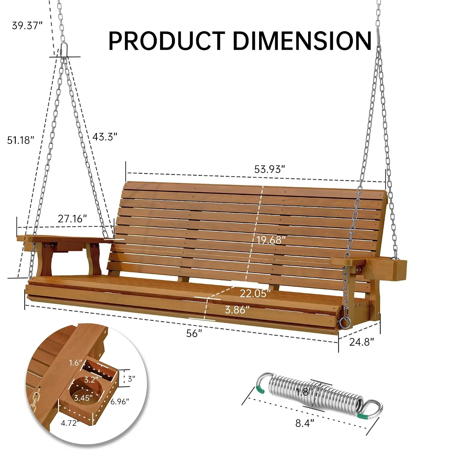 Wooden Outdoor Porch Swing 3-Seater 22