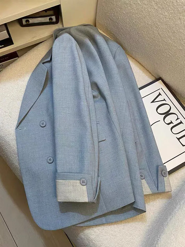 Autumn Light Blue Blazers Women Loose Streetwear Double Breasted Casual Jacket Y2K Harajuku Office Ladies All Match Suit Coats