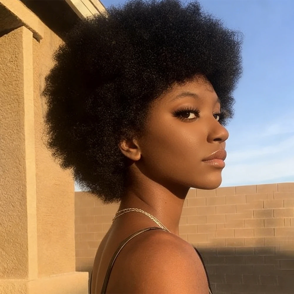 

Парик из натуральных волос афро-стиля для женщин, кудрявый, мягкий, пышный, черный, 180% плотность, машинной работы, для повседневной носки