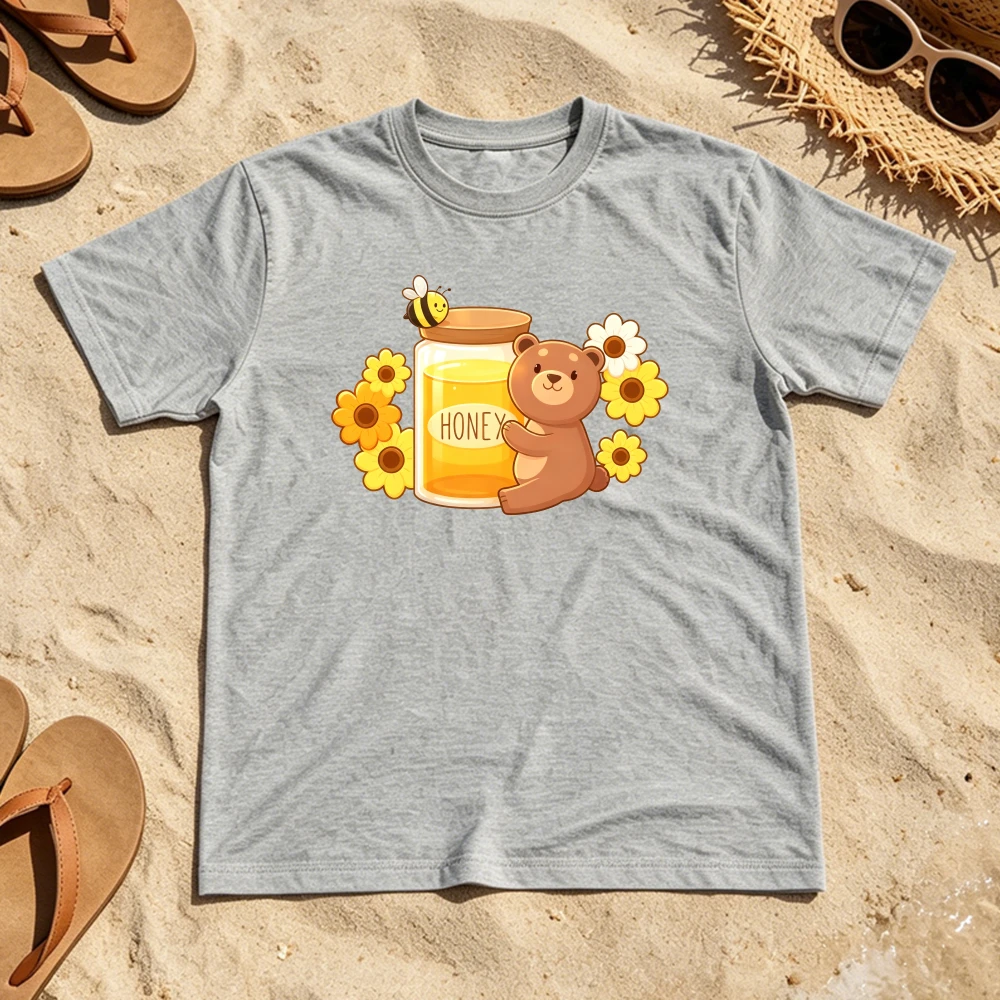2026 Cute Honey Bear Jar Bee Daisy Cartoon Women Summer Cotton T Shirt Lovely Animal Sweet Holiday Casual Tee