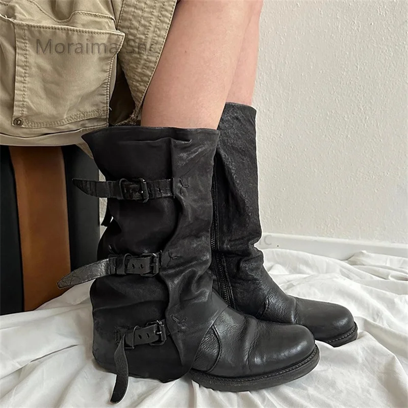 

Belt Buckle Pleated Mid-Calf Women's Boots Round Toe Retro Side Zipper Western Cowboy Boots Pu Leather Autumn Winter Shoes