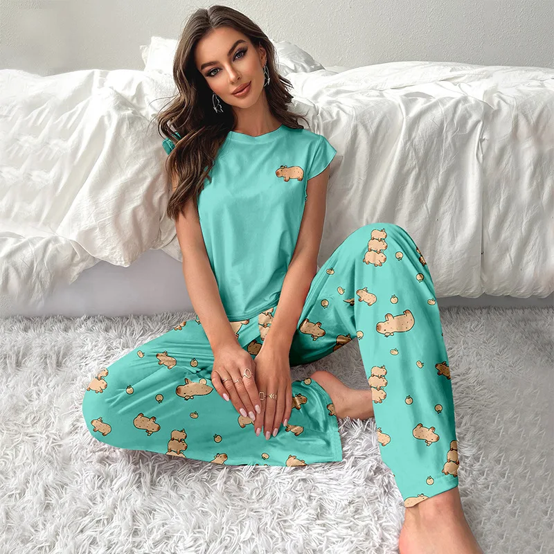 Women\'s Pajama Set Kapibala Cow Print Sleepwear Vest with Flying Sleeves and Trousers Cute Casual Pyjama Loungewear Autumn Mujer