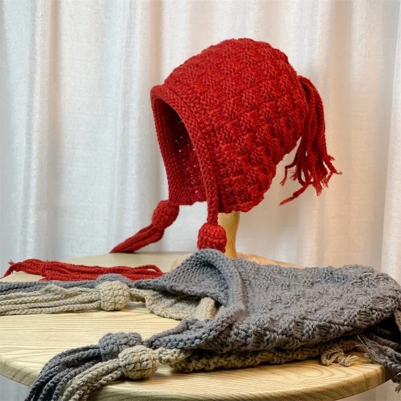 Gorro rojo de Año Nuevo, jersey cálido de lana con flecos para otoño e invierno, gorro tejido hecho a mano para las orejas