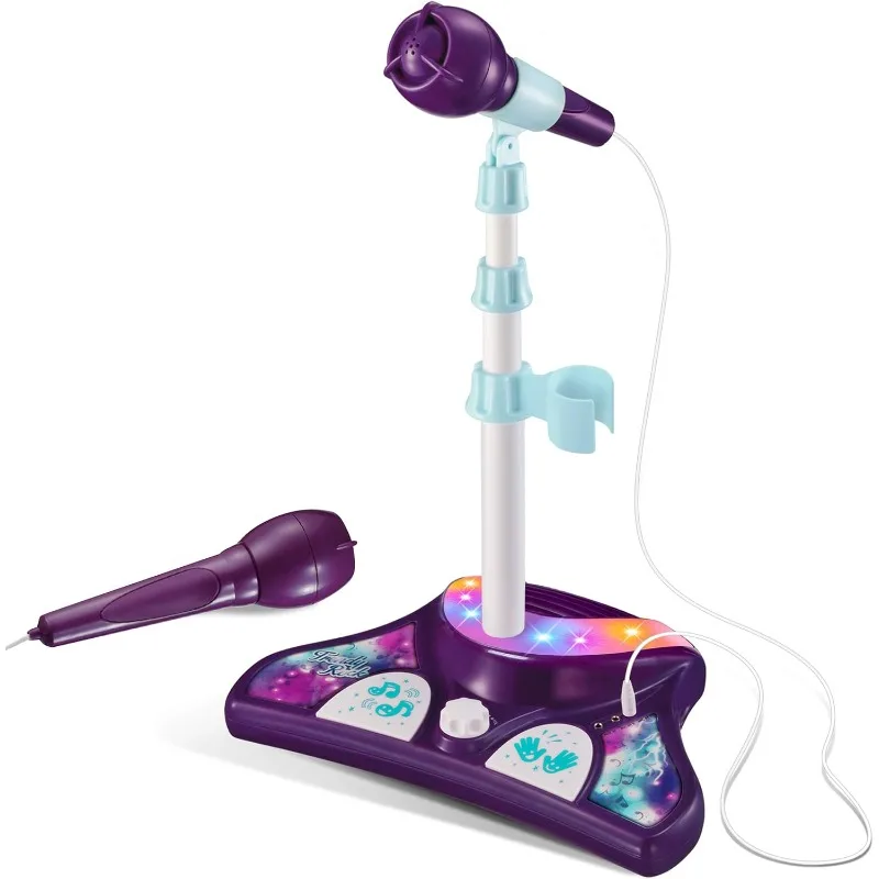 Kids Karaoke Machine with 2 Microphones and Adjustable Stand, Music Sing Along with Flashing Stage Lights and Pedals