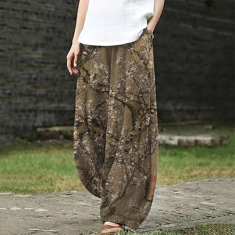 Retro Ukiyo-e Line Wave Sea Turtle Japanese Art Print Casual Pants Harajuku Lantern Trousers Women's Boho Wide Leg Pants