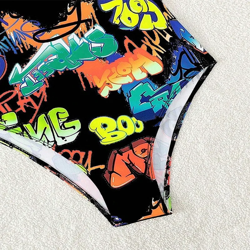 Costume da bagno da spiaggia conservatore stampato per donna Bikini senza maniche Casual aderente aderente in un pezzo di filato attillato