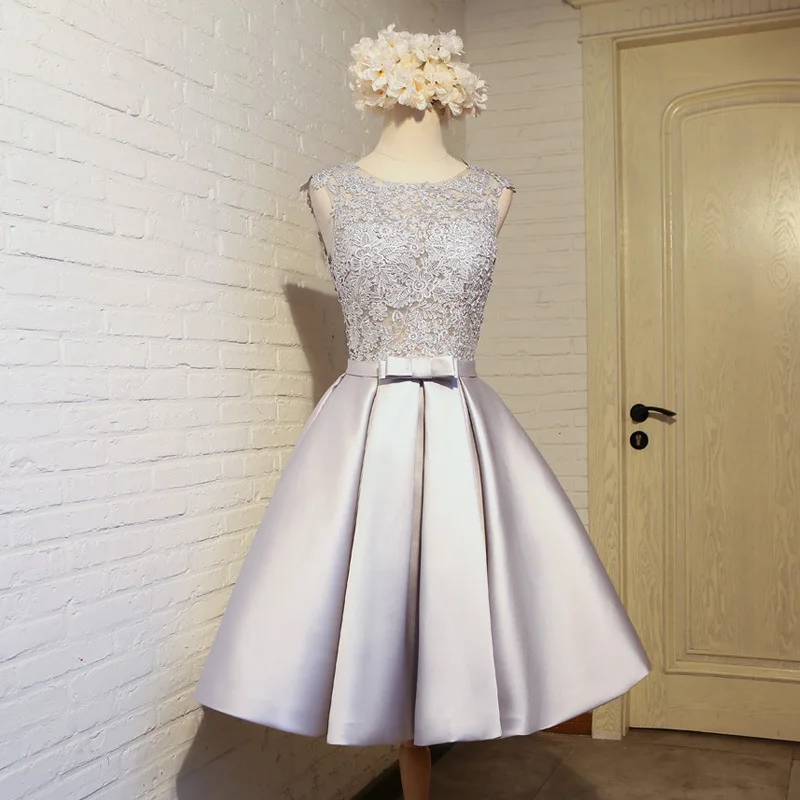 Girl Women Satin Short Gold Bridesmaid Dresses Red Gray Lace A-line Knee Length Homecoming Robe Formal Party Prom Dress