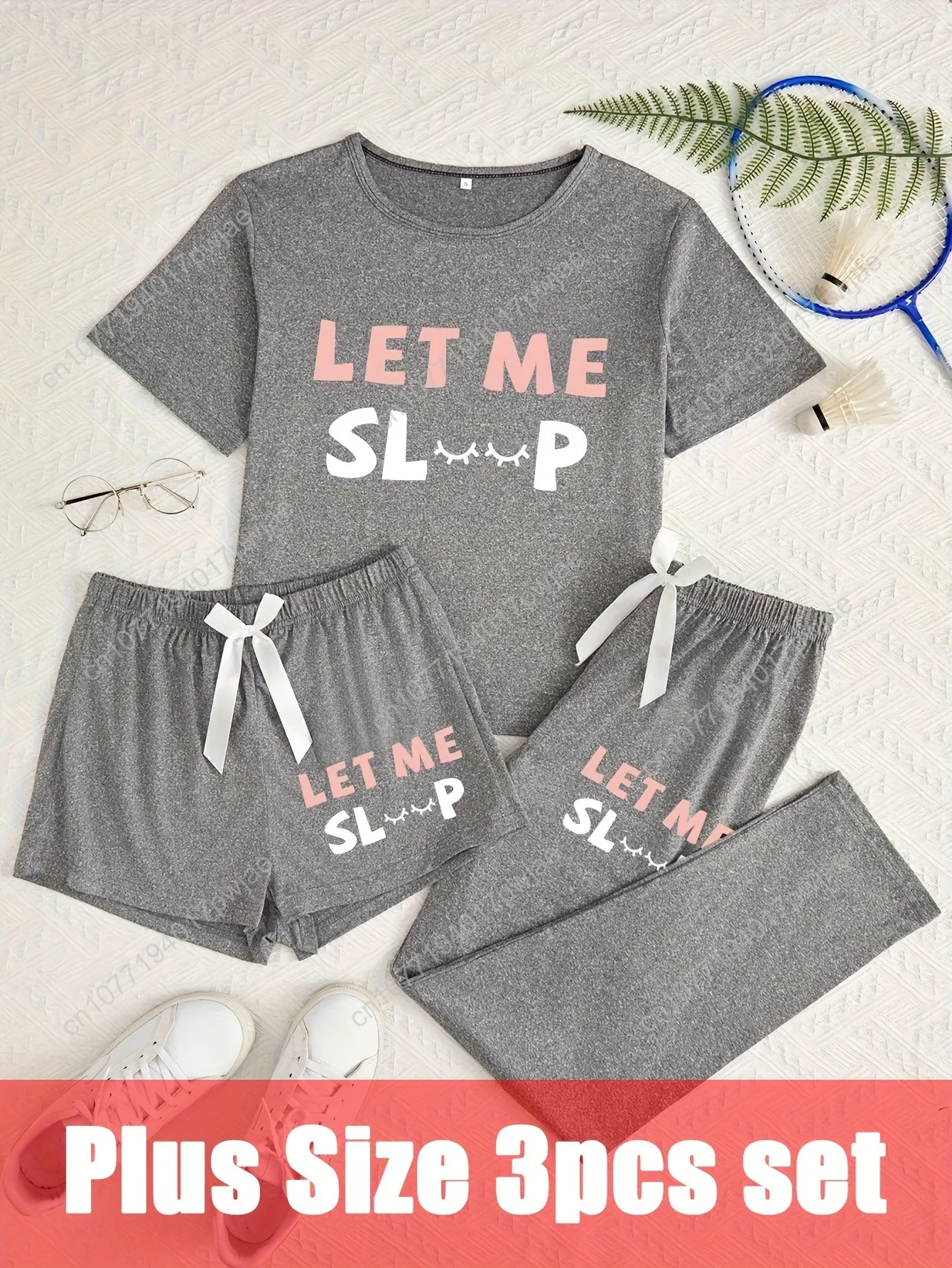 

[Comfortable Loungewear Set] 3pcs Women's Plus Size Pajama Set - "LET ME SLEEP" Print, Casual Comfortable Loungewear with Short